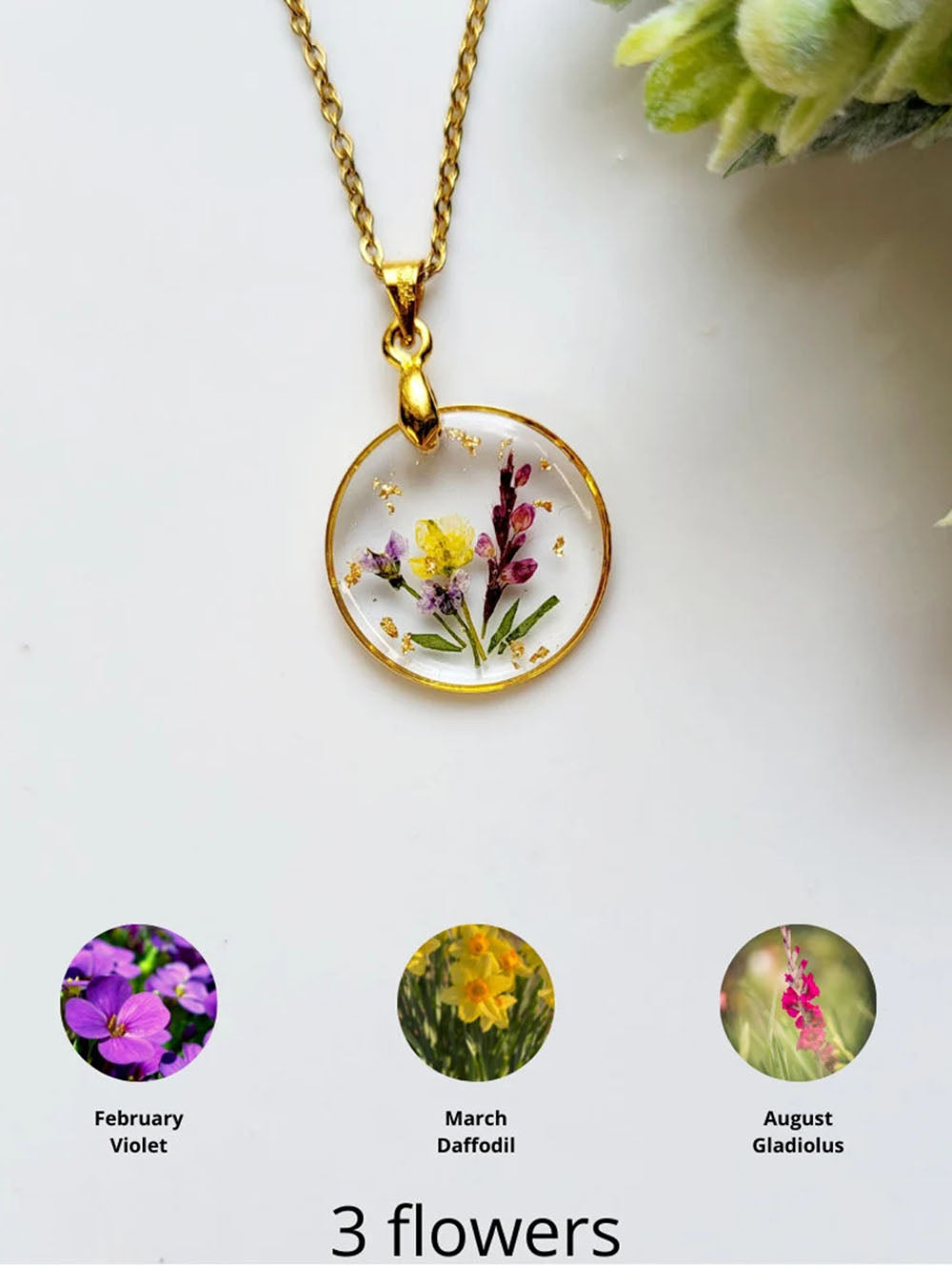 Handmade Birth Flower Bouquet Pressed Resin Pendant Necklaces