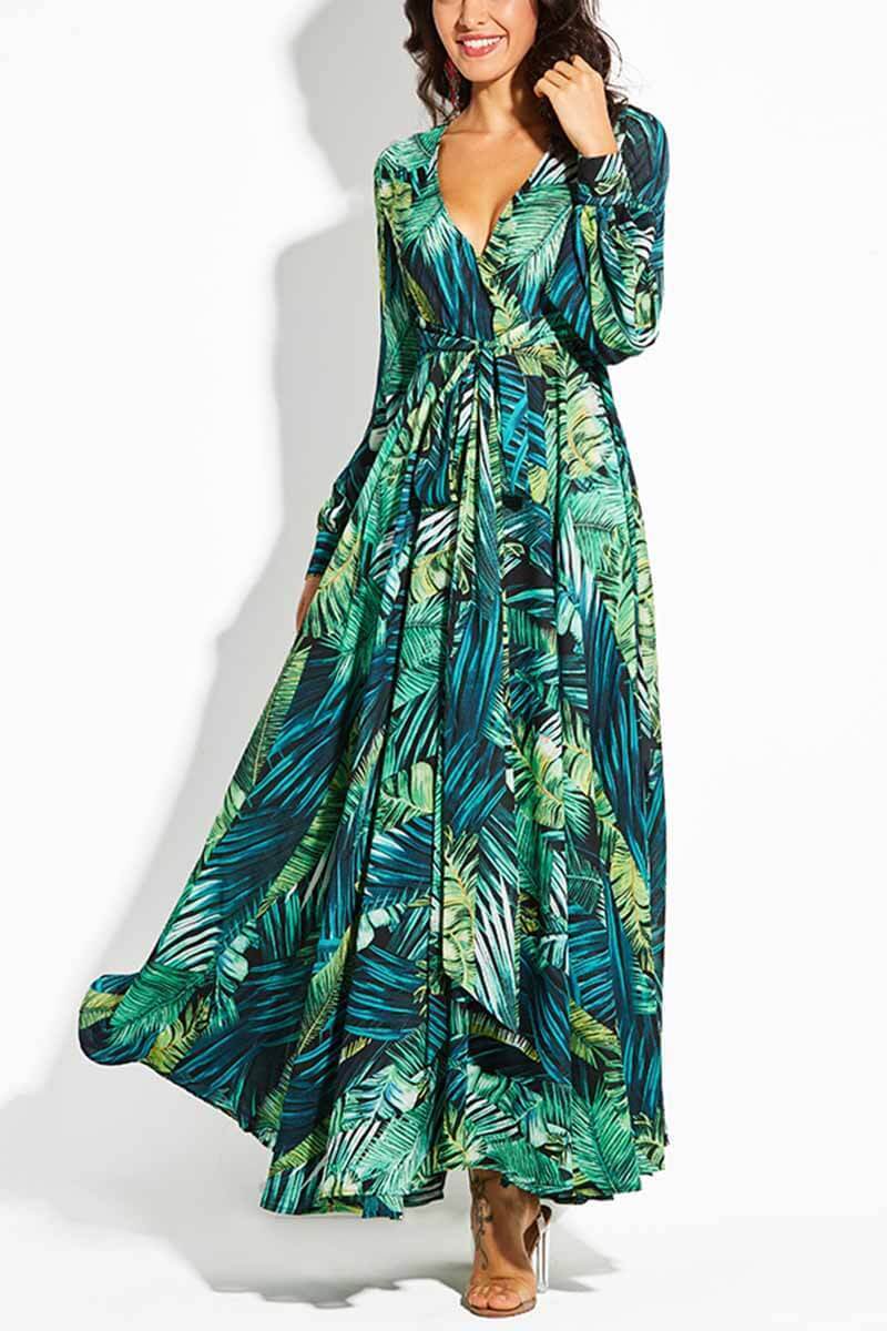 Chicindress V-Neck Leaf Print Maxi Dress