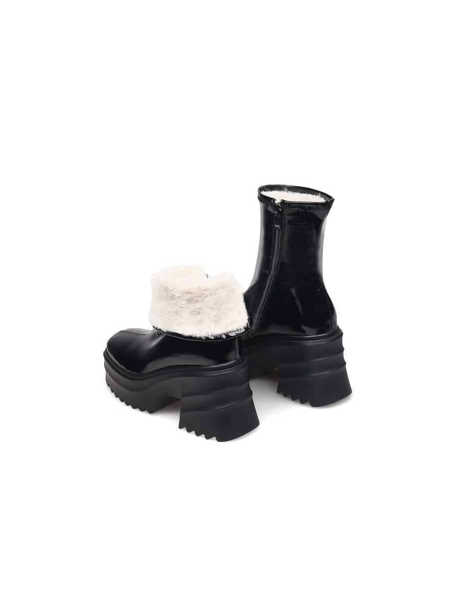 JadyRose | Chunky Heel Woolen Lined Black Genuine Leather Boots