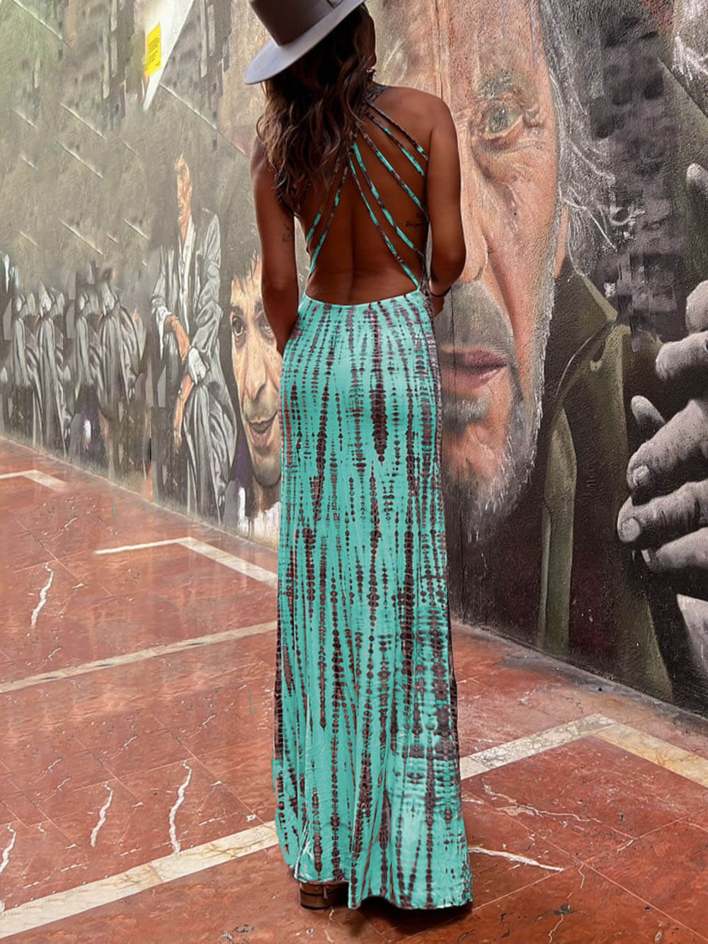 Sundown Serenity - Tie-Dye Lace-Up Maxi Dress