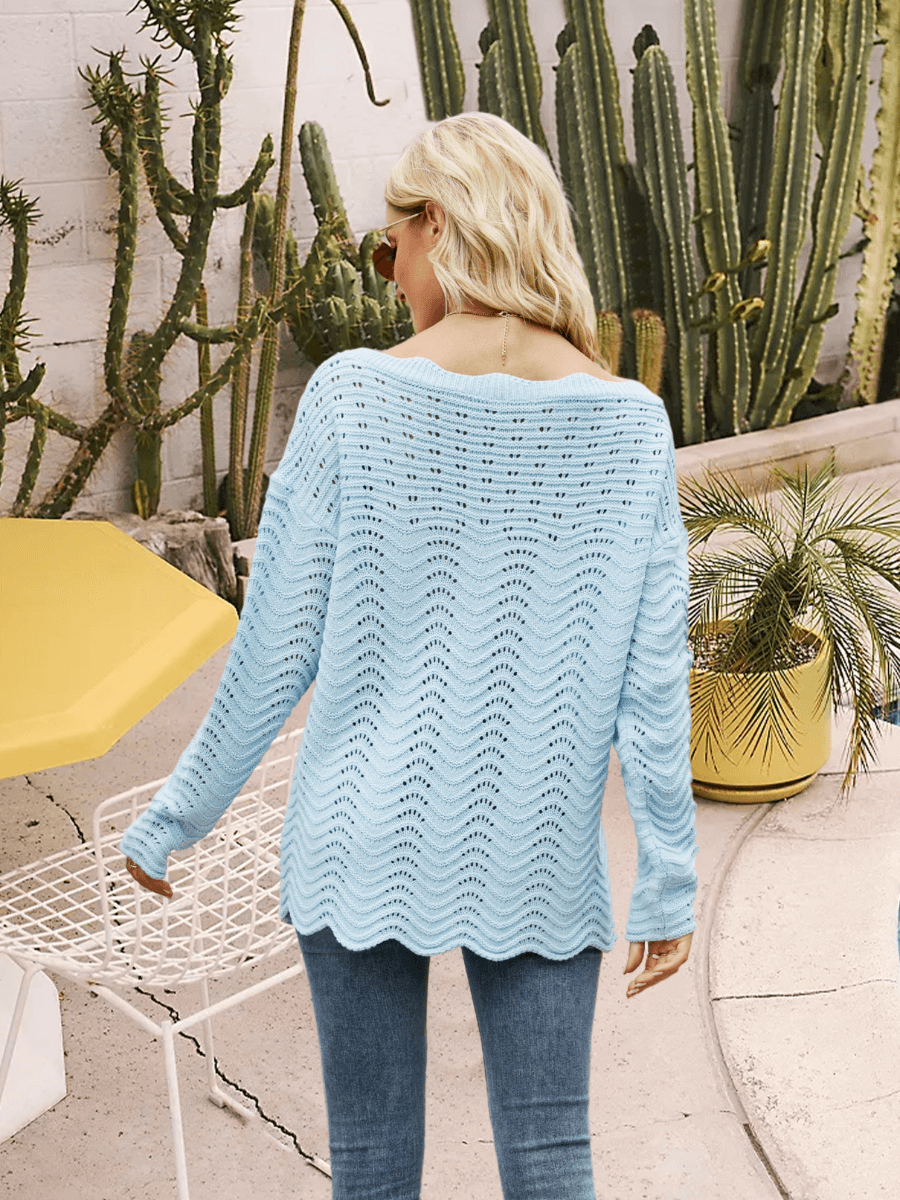 Laila Perforated Scallop Neck Knit Sweater