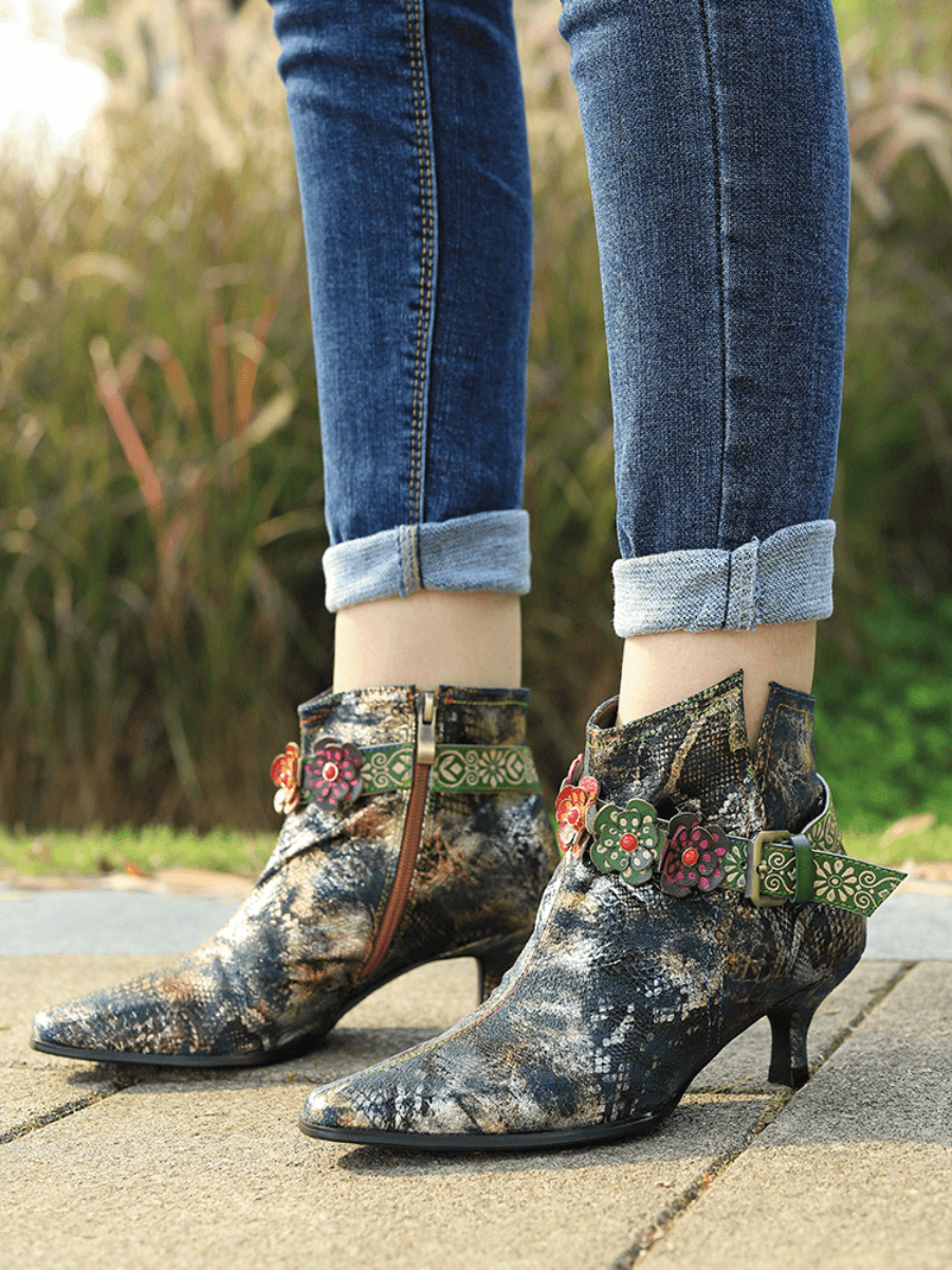 SOFFIA | SNAKE PATTERN EMBOSSED GREEN LEATHER KITTEN HEEL ANKLE BOOT