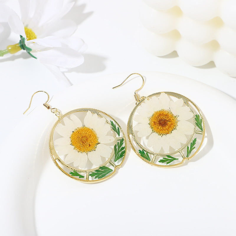 Epoxy Round White Crystal Chrysanthemum Earrings