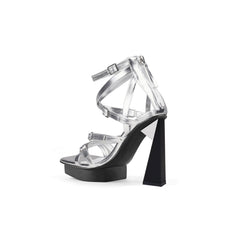 Jady Rose | Stelio Leather Strap Sky High Heels - Silver