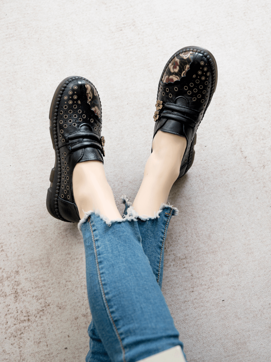 RUMOUR HAS IT | PERFORATED UPPER FLORAL EMBOSSED LEATHER LOAFER  - BLACK