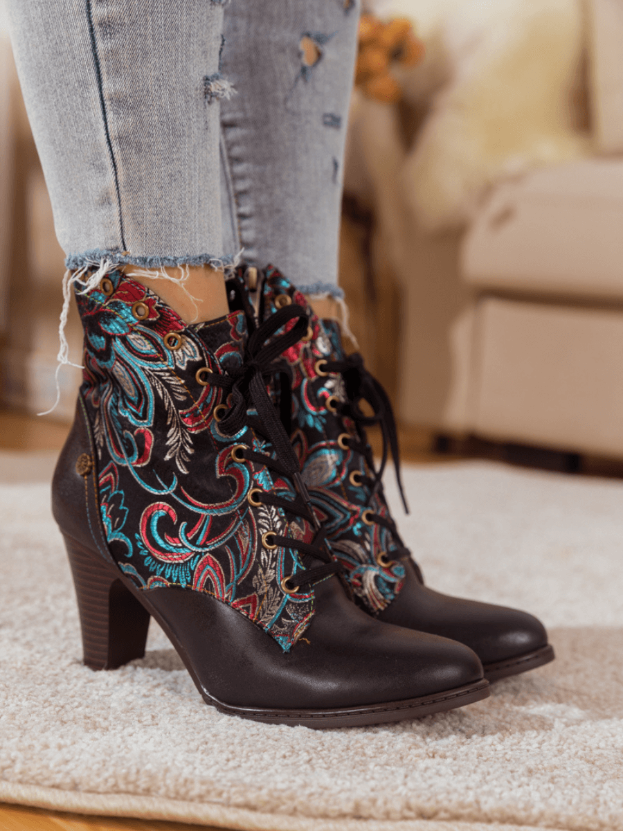 SOFFIA | BLACK FLORAL EMBROIDERED LEATHER BOOTIE