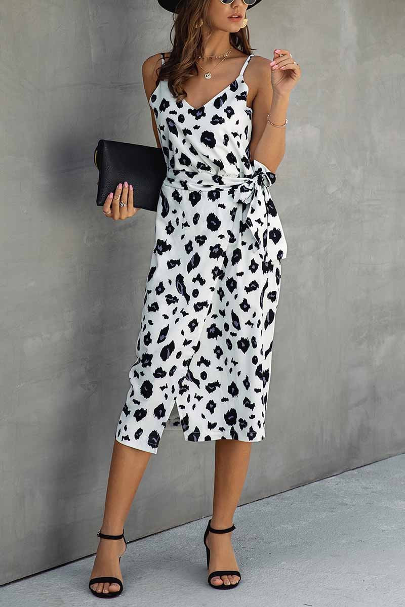 Chicindress V Neck Print Midi Dress With Belts(4 Colors)