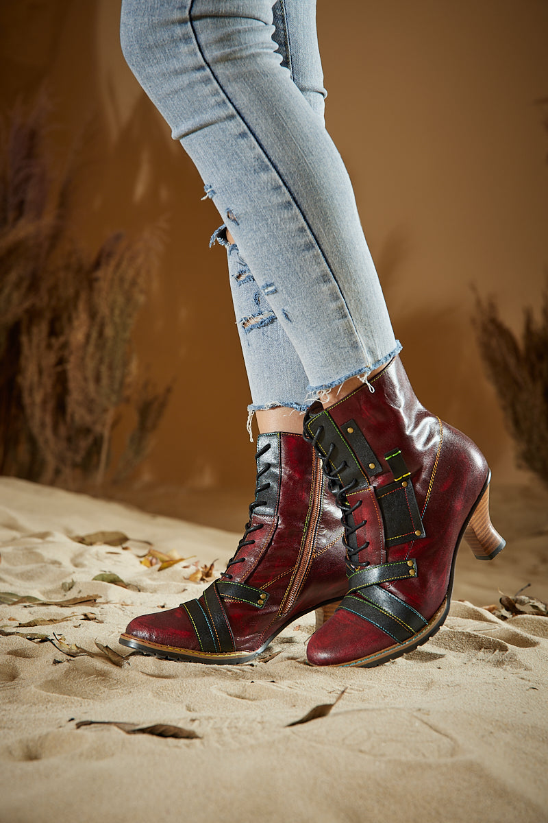 Soffia | Felicia Patchwork Leather Kitten Heel Ankle Boots