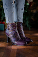 SOFFIA | FLORAL EMBOSSED METALLIC LEATHER ANKLE BOOT - PURPLE