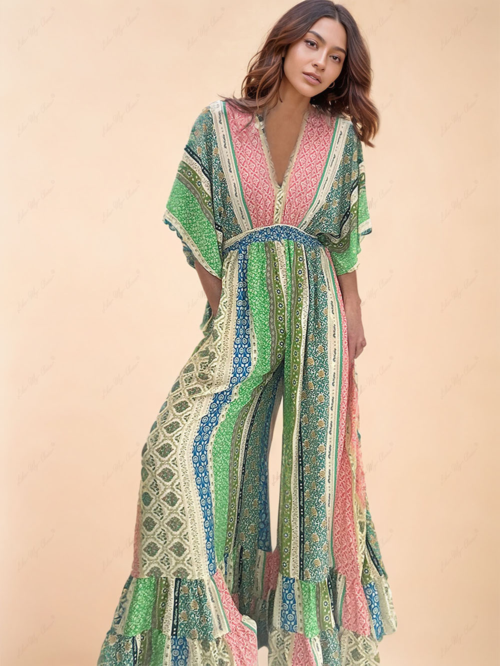 Retro Floral Flare Sleeve Pocketed Loose Wide Leg Jumpsuit