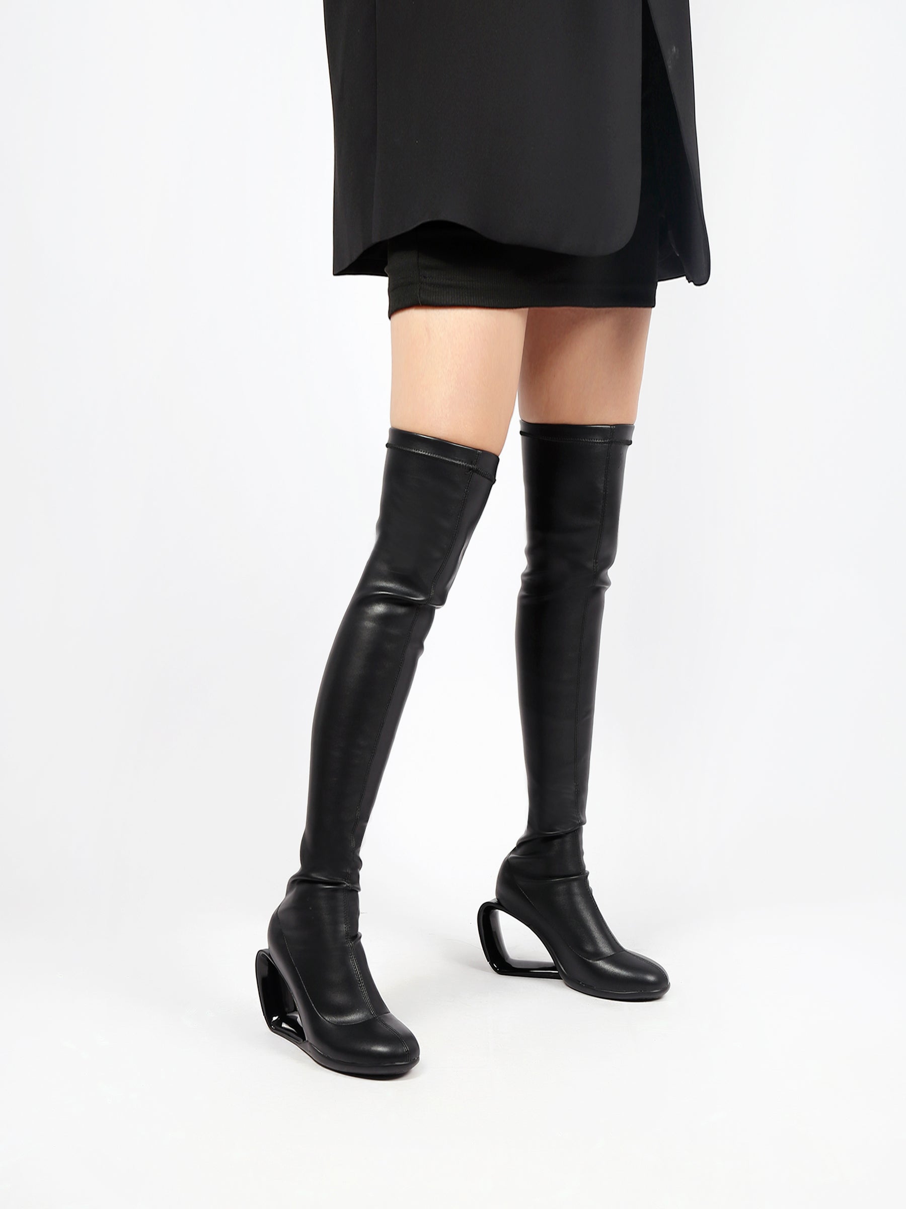 JADY ROSE | WEDGE HEEL BLACK LEATHER OVER KNEE NIGHT BOOT