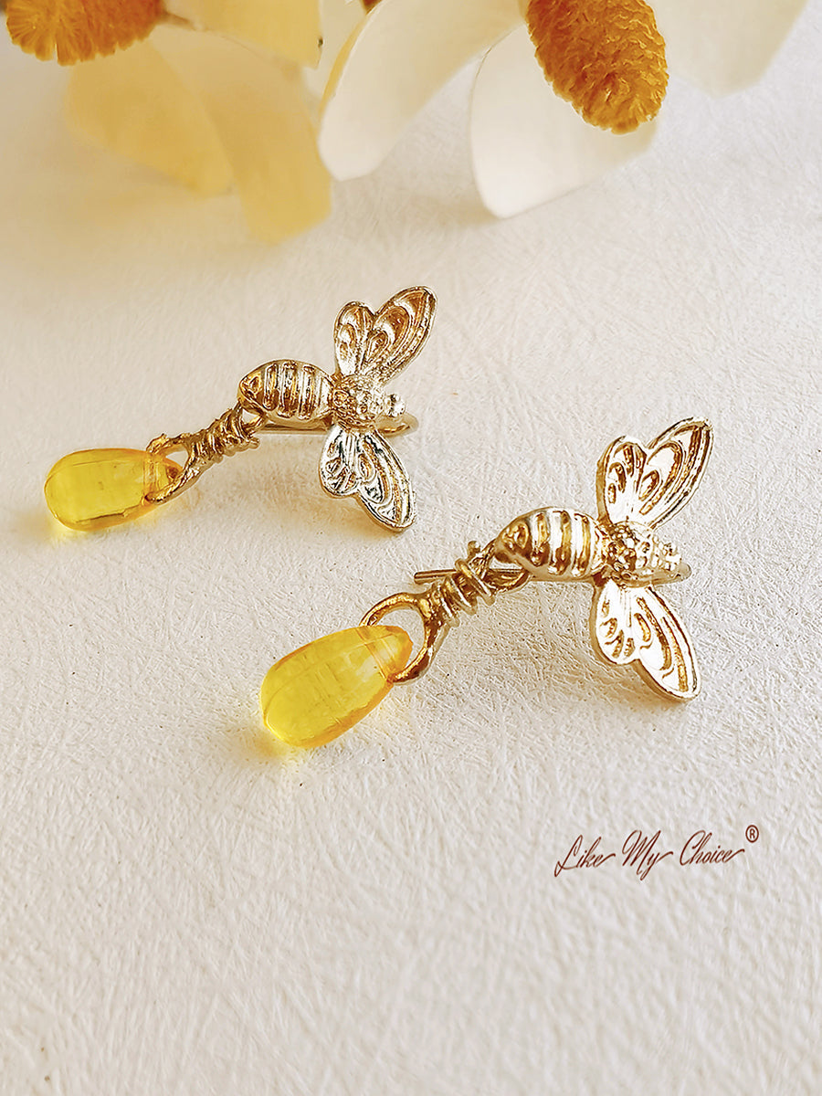 Gold Retro Bee Drop Earrings