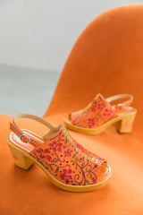 SOFFIA | ORANGE FLORAL EMBOSSED PERFORATED LEATHER SANDAL