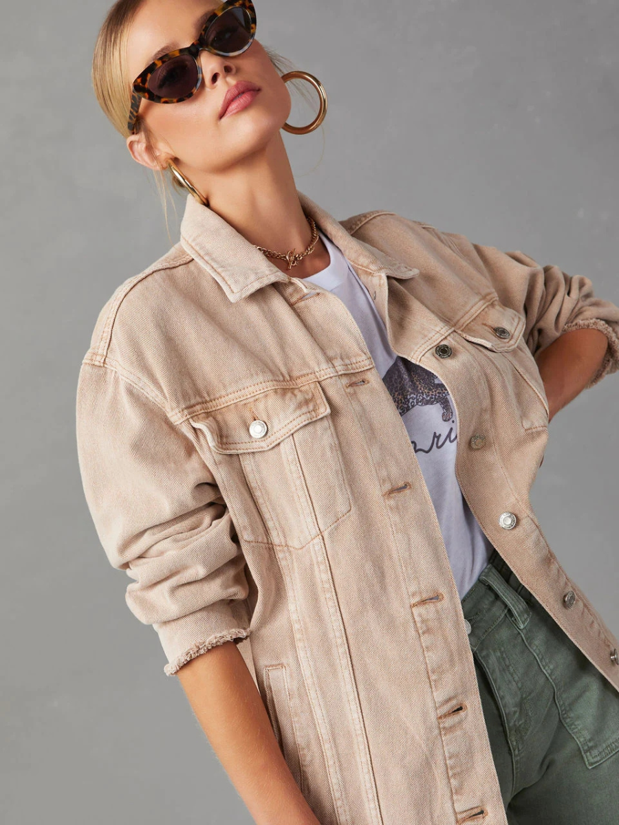 Midland Oversized Frayed Denim Jacket - Beige