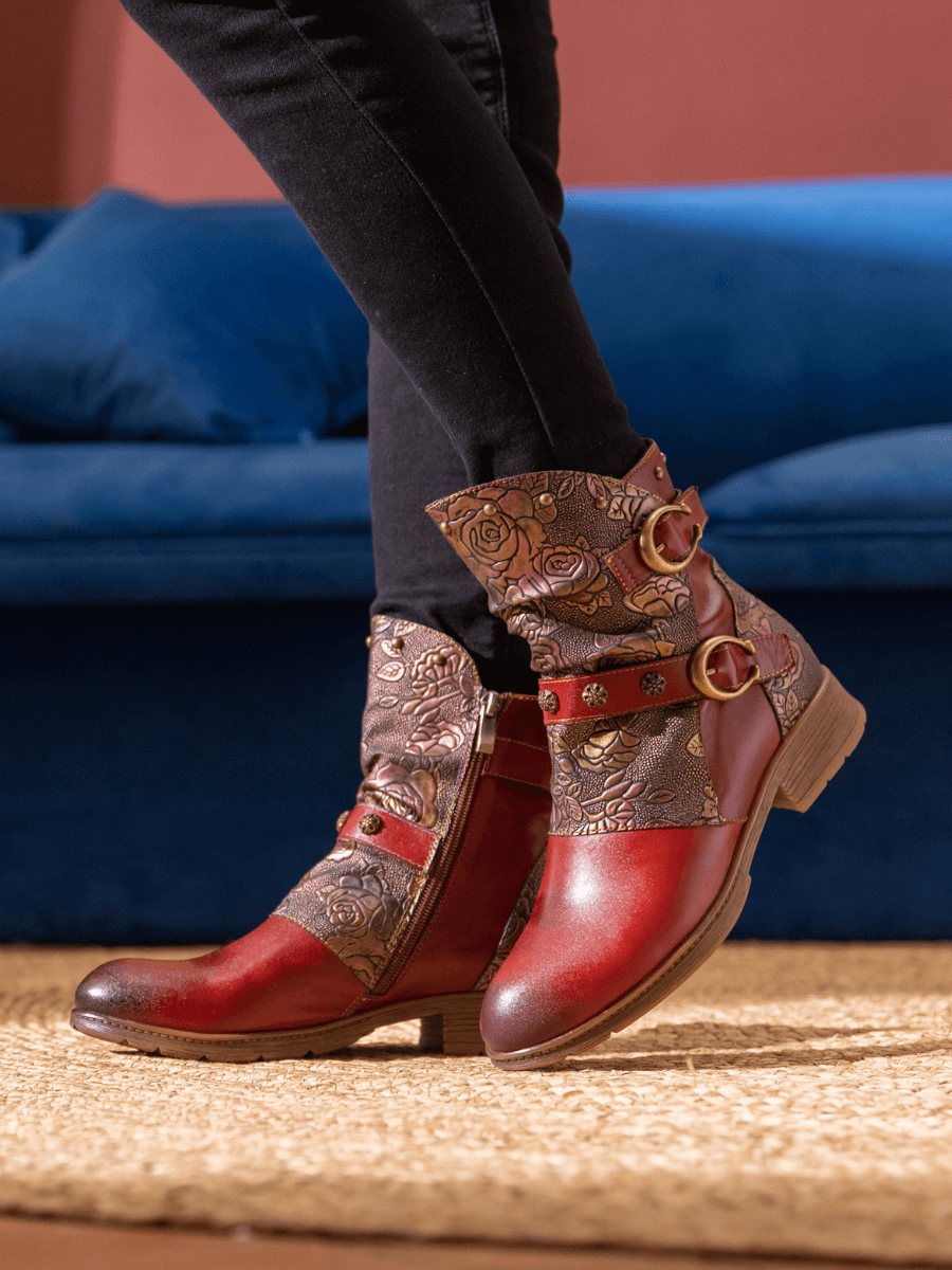 Soffia | Nicolette Rivet Stud Leather Moto Boots - Claret