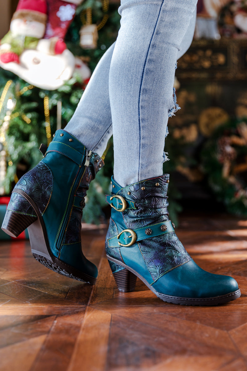 SOFFIA | FLORAL EMBOSSED BUCKLE UP LEATHER BOOTIE - TEAL