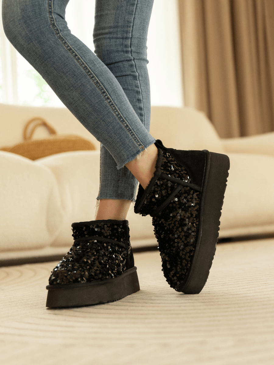 Smaibulun Ugg | Mini Glitter Low Ankle Platform Boots - Black