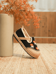 CACTUS ROSE | BLOSSOM EMBROIDERED LINEN ESPADRILLE LOAFER - BLACK