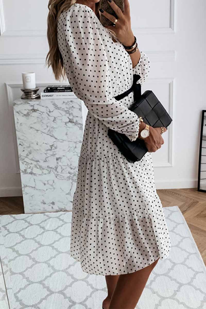 Chicindress Elegant Dot Print Round Neck Tie Midi Dress