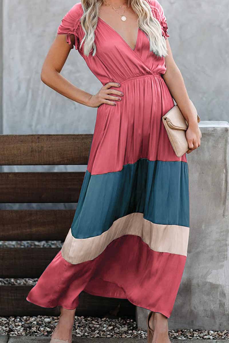 Chicindress Summer Loose Multicolor Stitching V-Neck Short Sleeves Midi Dress