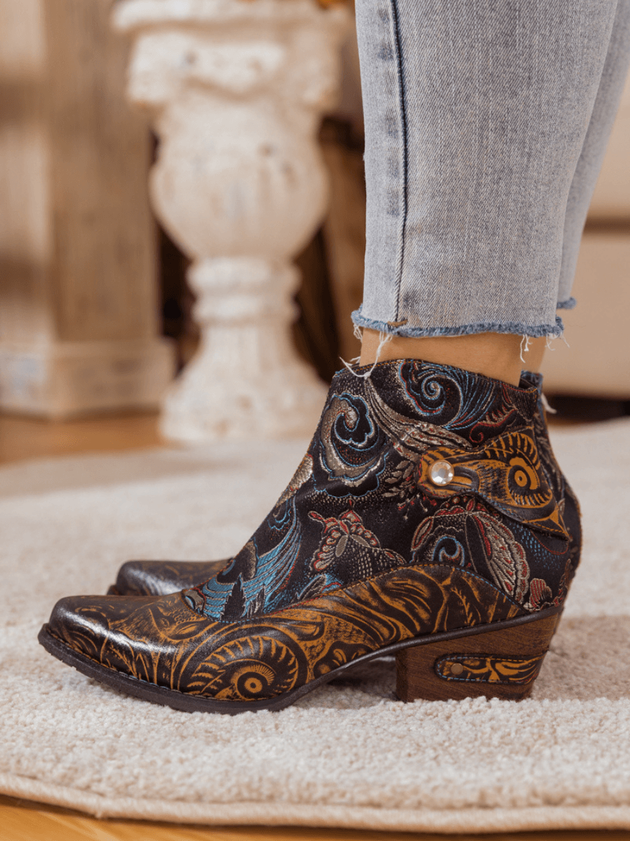 SOFFIA | BROWN BOHO INSPIRED ABSTRACT LEATHER BOOTIE