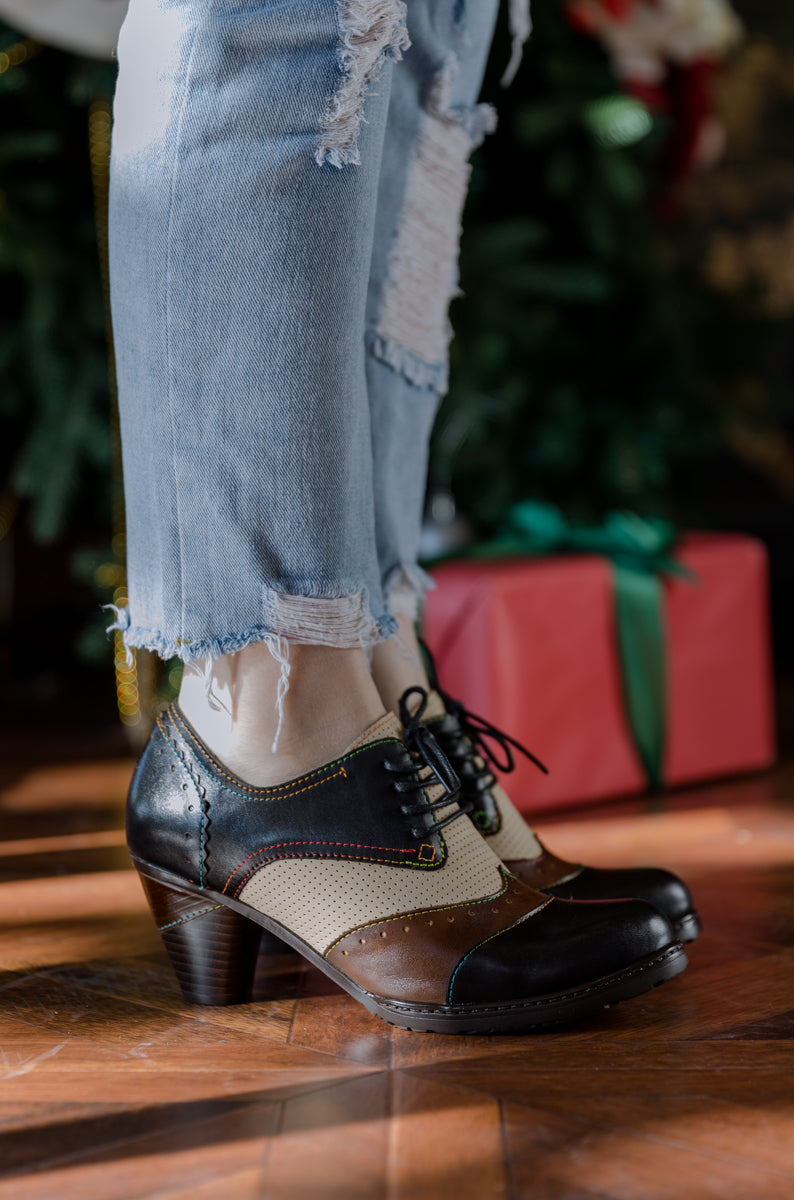 SOFFIA | COLOR BLOCK BLOCK HEEL LEATHER OXFORD - BLACK