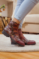 SOFFIA | ROSE GARDEN EMBOSSED LEATHER STRAP BOOT - CLARET