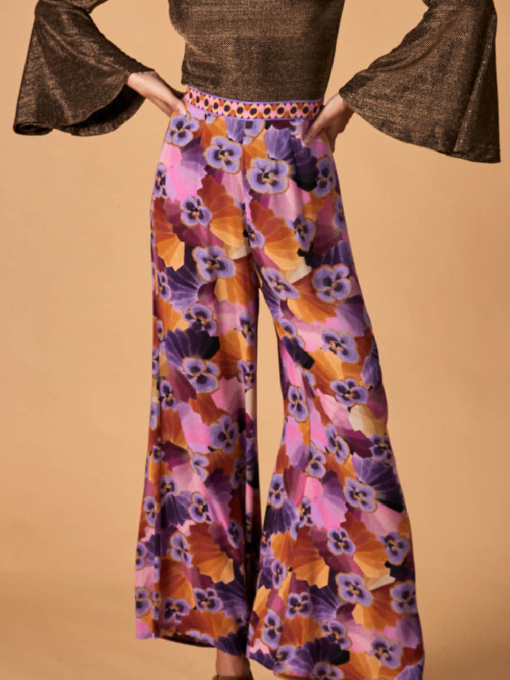 Flowy Lace Stitching Printed Elastic Pocket Wide Leg Pants