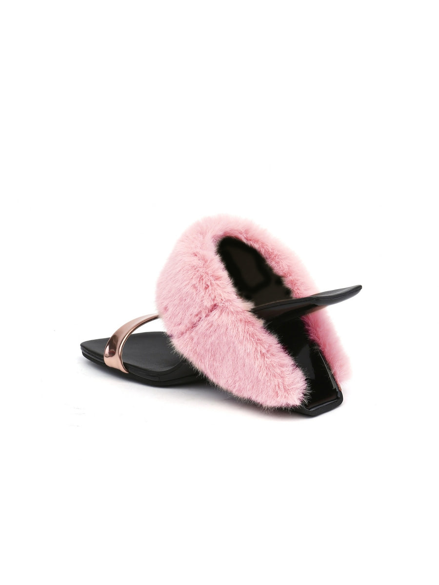 JadyRose | Faux Fur Strap Leather Wedge Sandal - Baby Pink