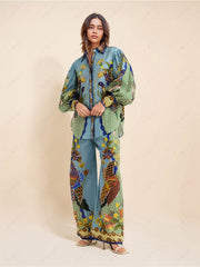 Unique Holiday Printed Puff Sleeve Casual Lanyard Suit