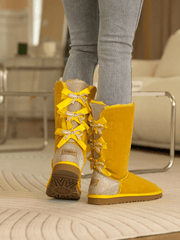 SMAIBULUN Ugg | Rhinestone Ribbon Tri-Tie Bow Suede Boots - Yellow