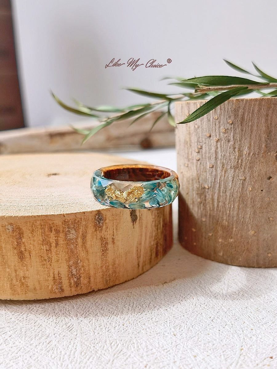 Handmade Dried Flower Inlaid Resin Ring-Gold foil blue