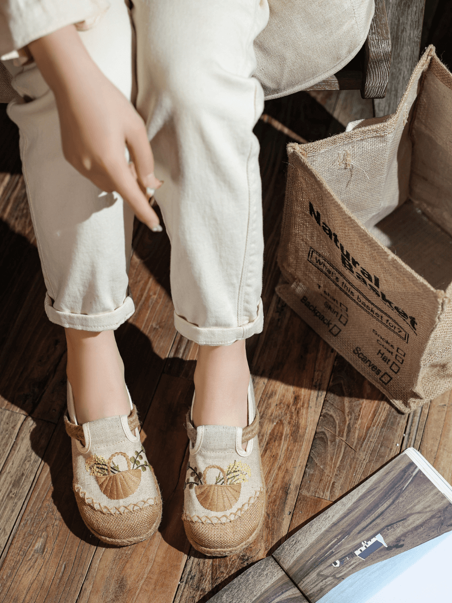 CACTUS ROSE | BASKET EMBROIDERED LINEN ESPADRILLE LOAFER - BEIGE