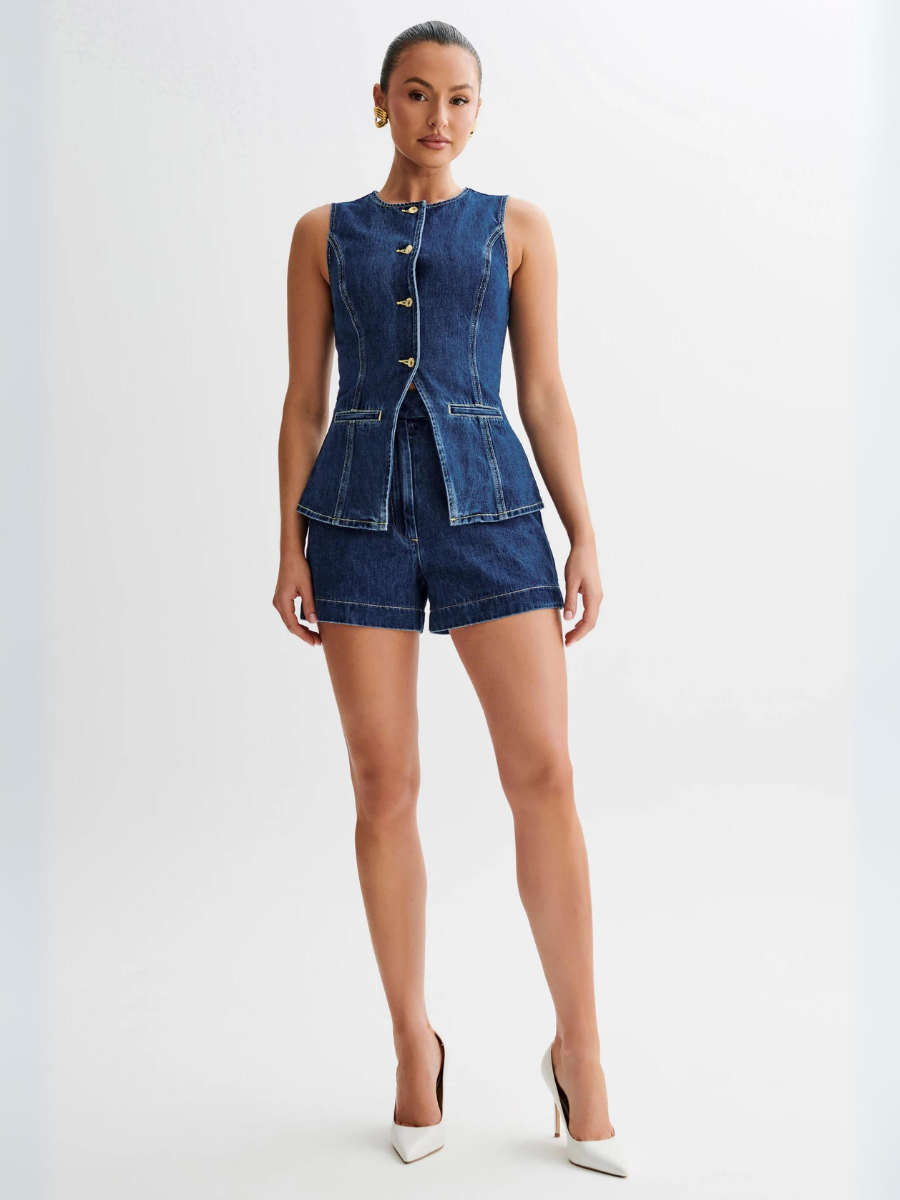 Dallas Button Front Denim Vest Shorts Matching Set