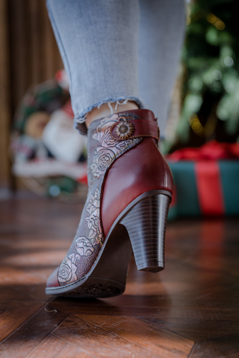 SOFFIA | FLORAL EMBOSSED METALLIC LEATHER ANKLE BOOT - CLARET