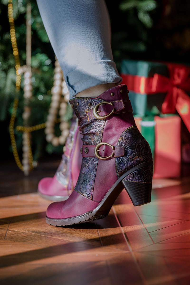 SOFFIA | FLORAL EMBOSSED BUCKLE UP LEATHER BOOTIE - VIOLET