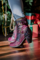 SOFFIA | FLORAL EMBOSSED BUCKLE UP LEATHER BOOTIE - VIOLET