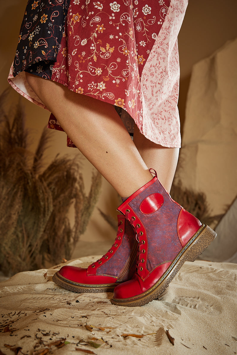 Soffia | Hot Stepper Leather Combat Boots - Red