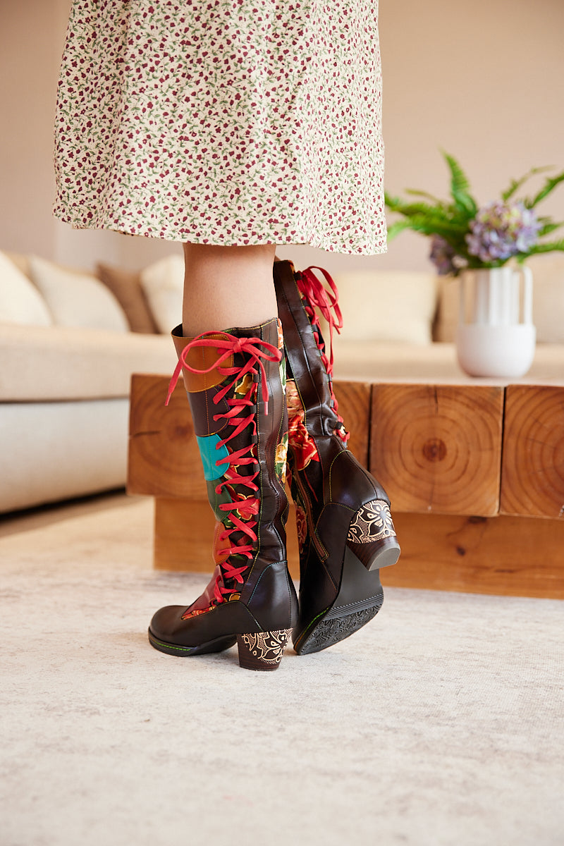 Soffia | Delora Floral Contrast Stripe Wide Calf Leather Knee High Boots