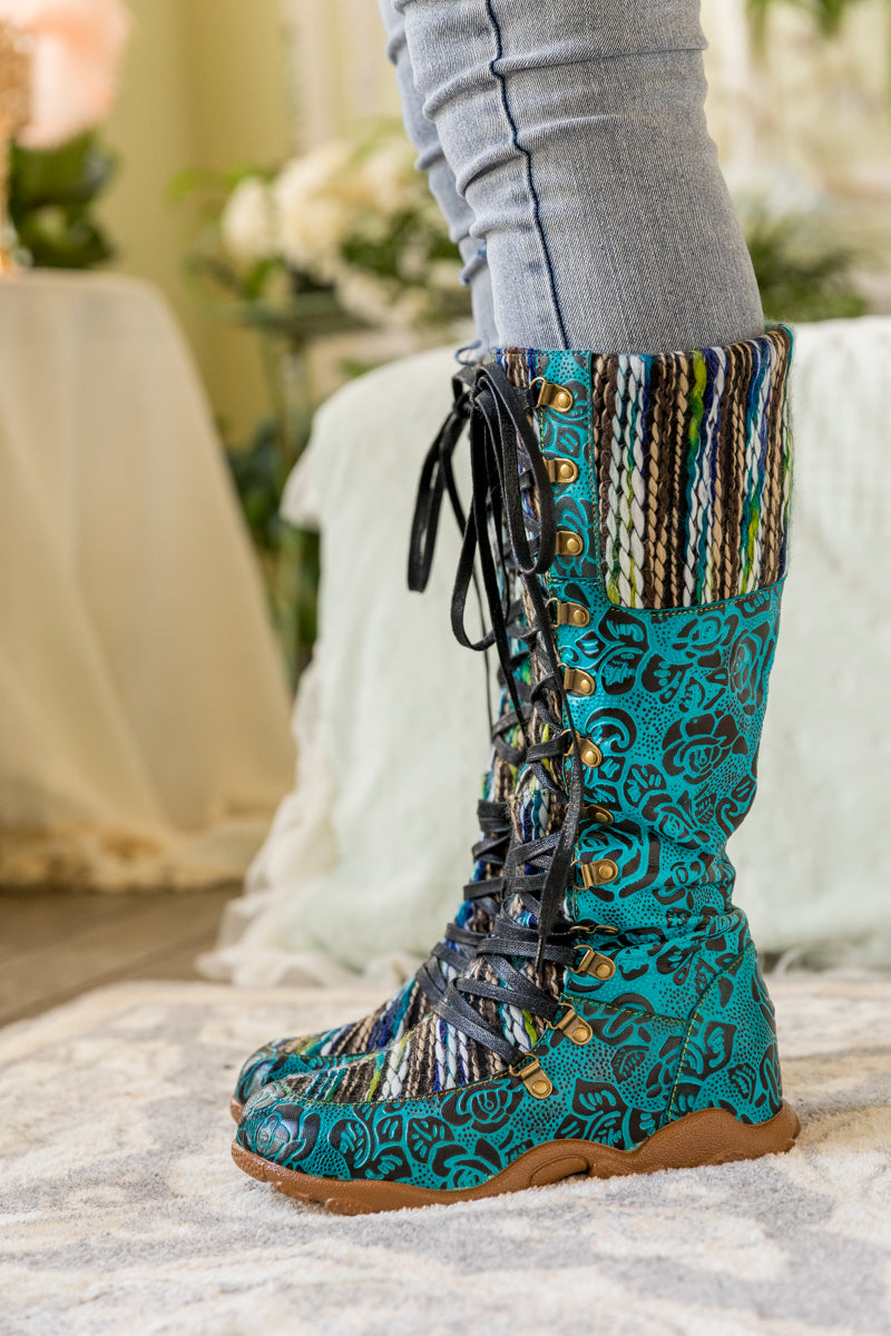 SOFFIA | ROSE EMBOSSED TEAL LEATHER TIE-ACCENT BOOT