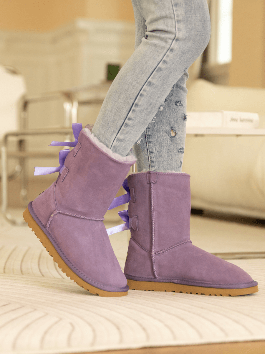 Smaibulun Ugg | Double Ballet Ribbon Bow Suede Shearling Boots - Lavender