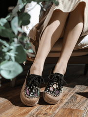 CACTUS ROSE | GARDEN EMBROIDERED LINEN ESPADRILLE SNEAKER - BLACK