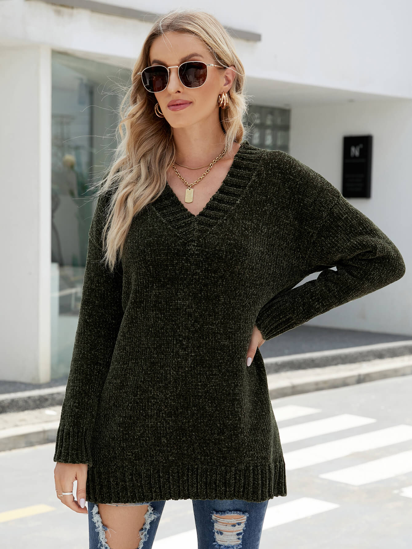 GLAM CHENILLE PULLOVER SWEATER - GREEN