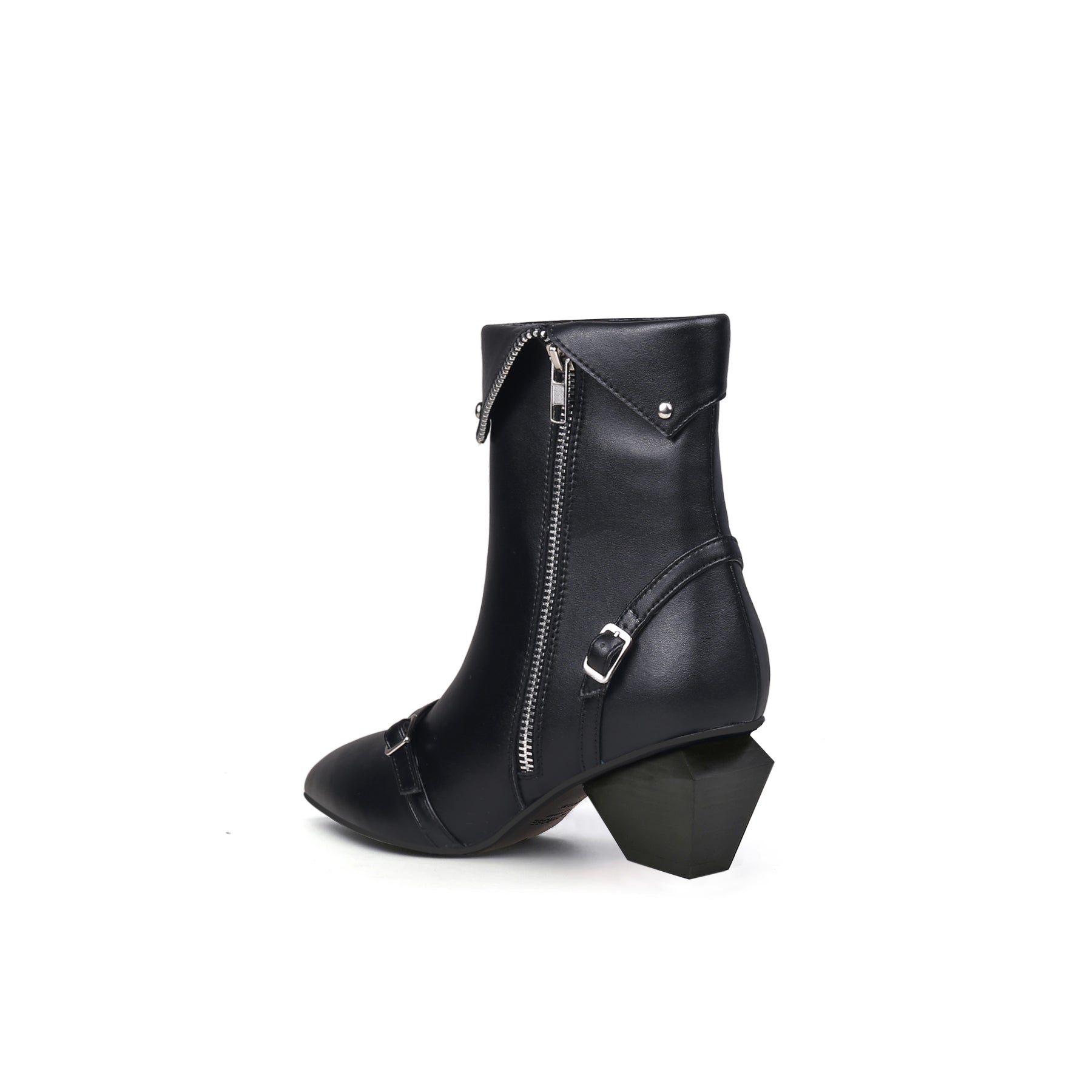 JADY ROSE | BLOCK HEEL LEATHER STRAPS BOOTIE - BLACK