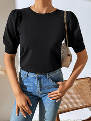 HALO SHORT SLEEVE COTTON BLEND KNIT TOP - BLACK