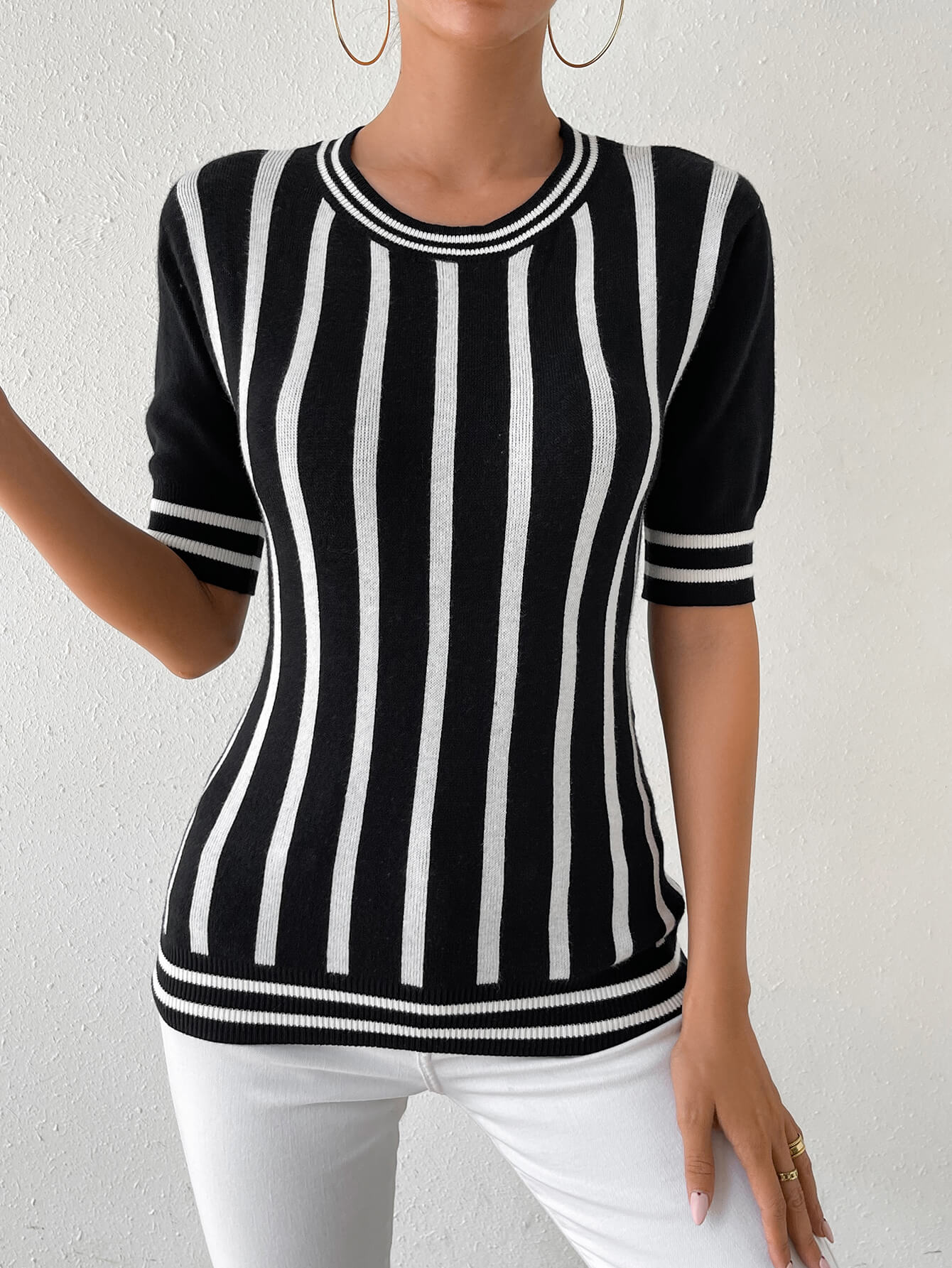 Colette Striped Short Sleeve Knit Top - Black