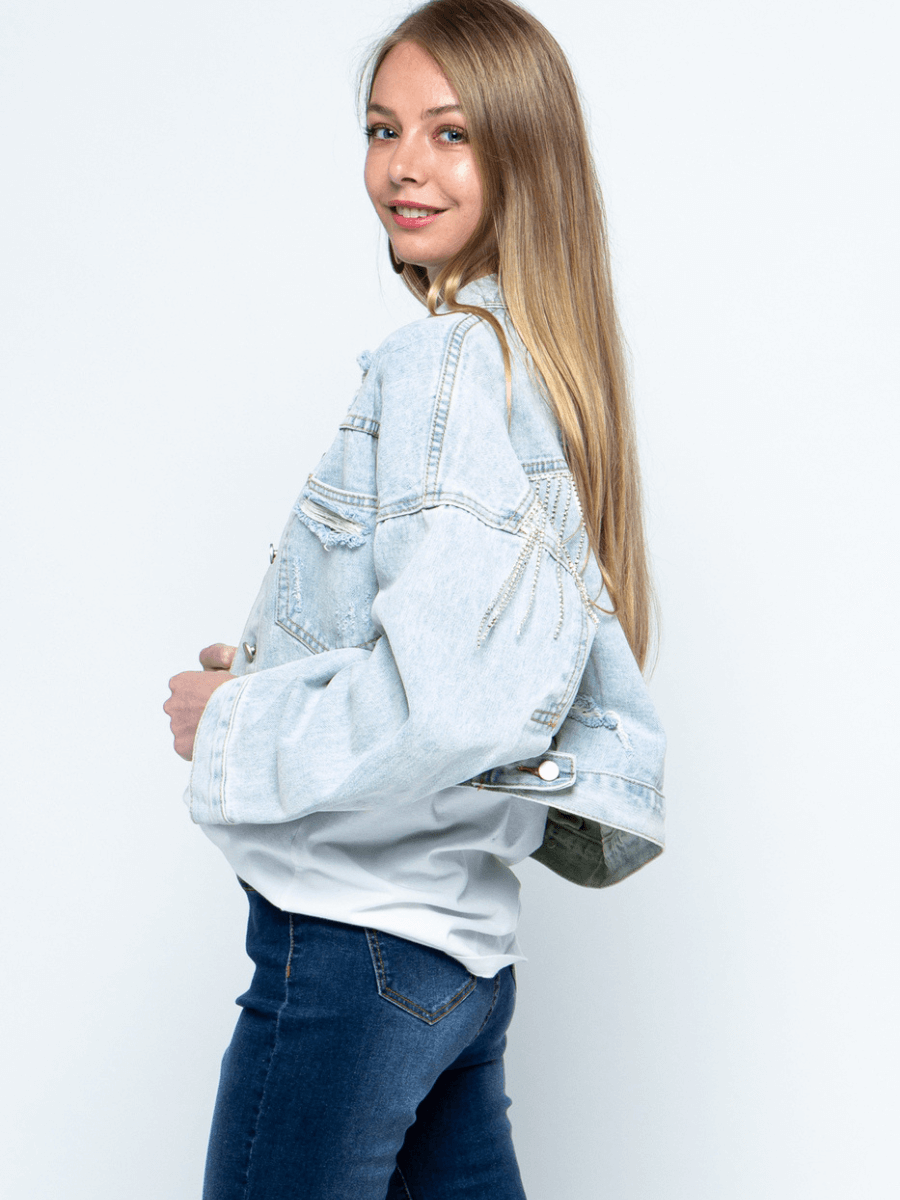 BACK TASSEL SEQUINS RIBBED DENIM JACKET - BLUE