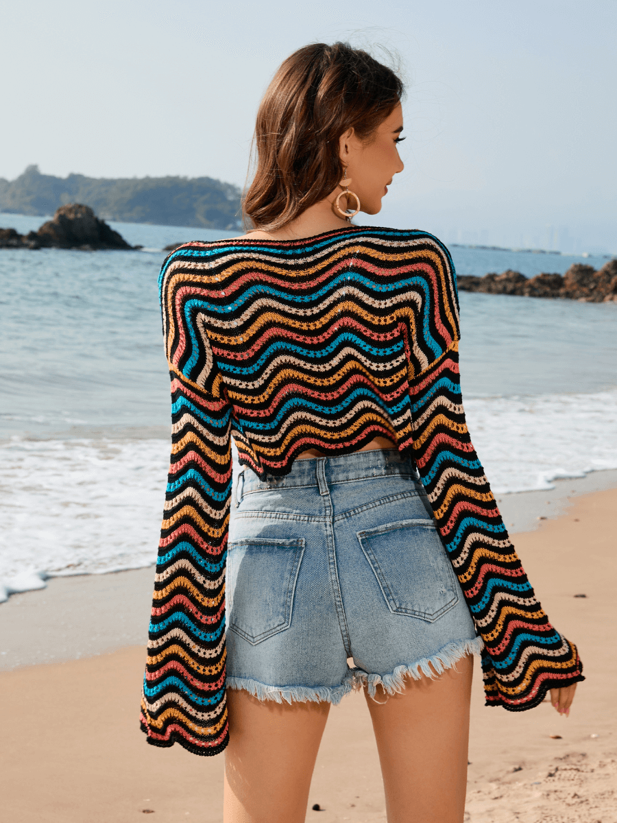 Appreciate You Crochet Striped Scalloped Hem Crop Top - Black