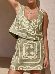 Loose Sleeveless Buttoned Pockets Printed Split-Joint Square-Neck Vest Top + Skirts Bottom Two Pieces Set