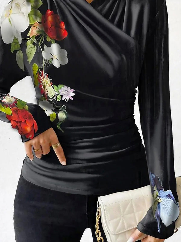 Long Sleeves Skinny Flower Print Pleated Split-Joint V-neck T-Shirts Tops